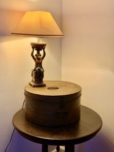 Antique lamp hat box and table
